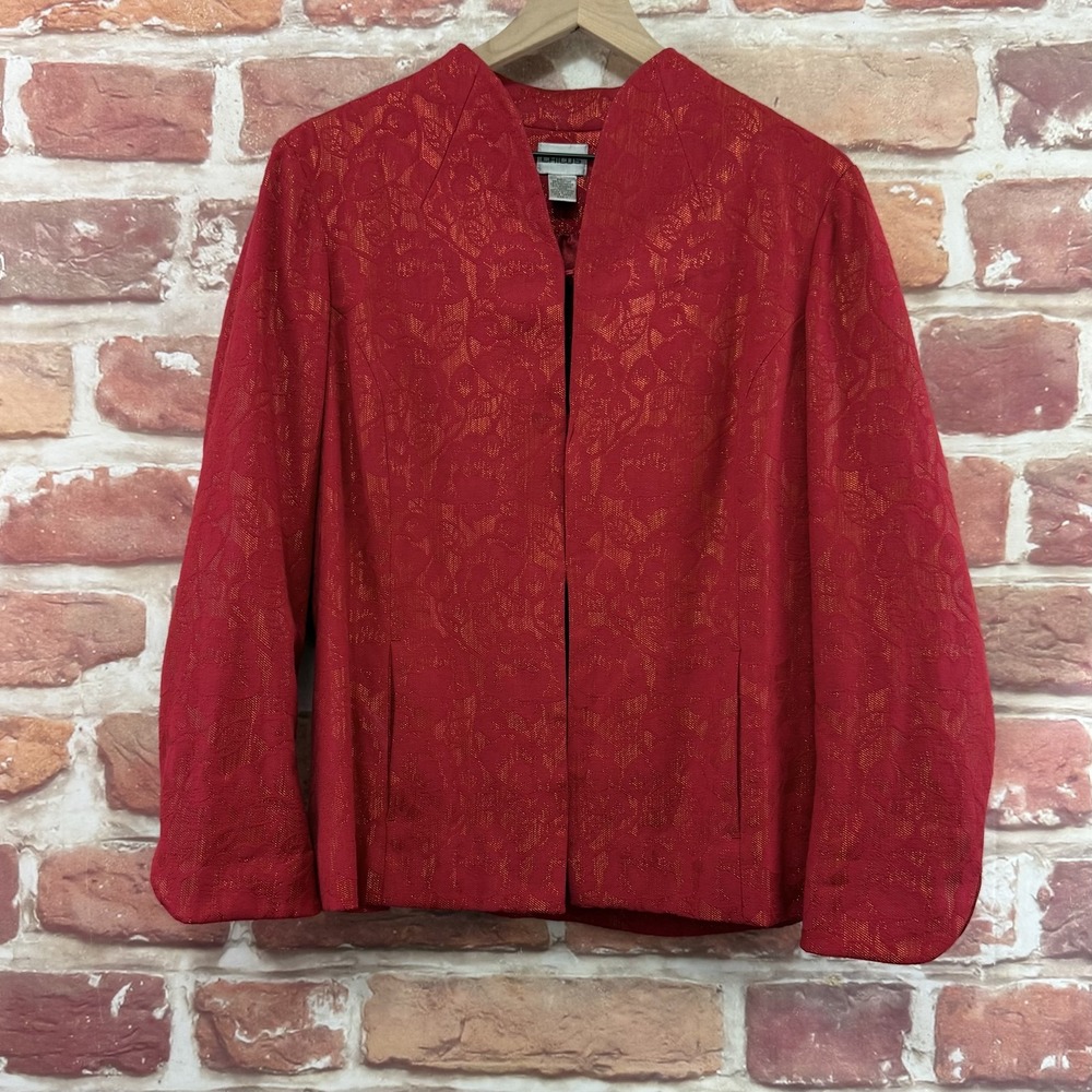 Chicos Jacket Women's M Red Gold Metallic Floral Holiday Festive Party Blazer